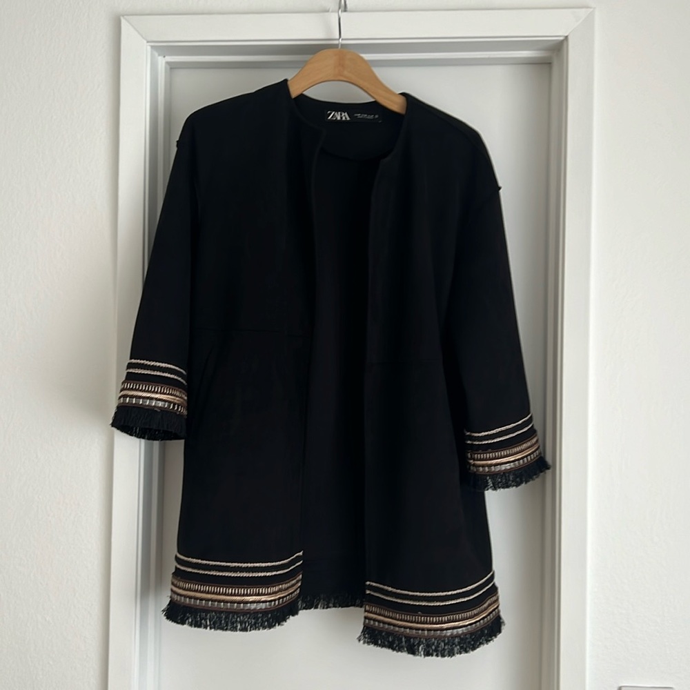 ZARA Combination Faux Suede Embroidered Fringe Hem Jacket Black